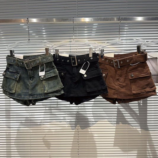 Women's Fashionable Retro Large Pocket Belt Pantskirt Skirt Denim Shorts