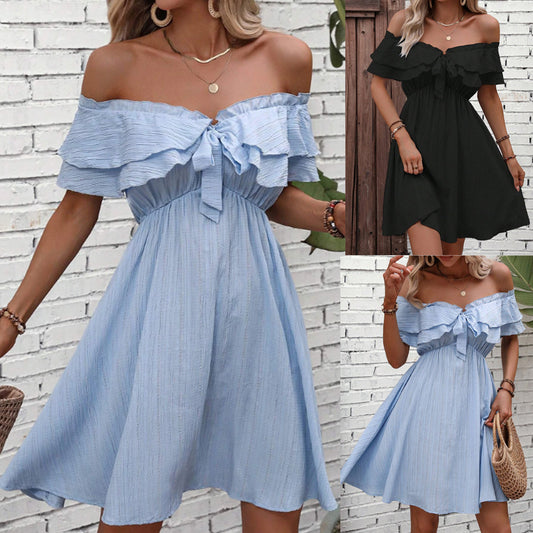 Solid Color Off-the-shoulder Knot Front Ruffled Dress
