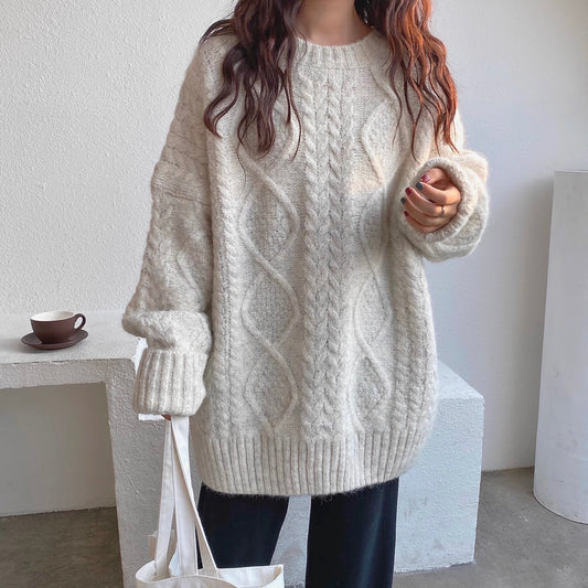 Mohair Sweater For Women For Autumn And Winter Outer Wear Thickened Loose Cozy Style Pullover Mid-length Twist Knitted Sweater
