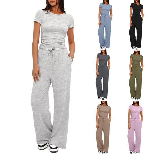 2pcs Solid Color Casual Sports Suit Short-sleeved Top And High-waisted Drawstring Wide-leg Pants Summer Fashion Set For Womens Clothing
