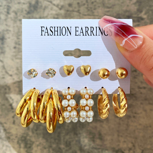 Cross-border Hot Selling Inlaid Pearl Twist Temperament Women's Earrings Set 6 Pieces Creative Retro Gold Love Heart Stud Earrings
